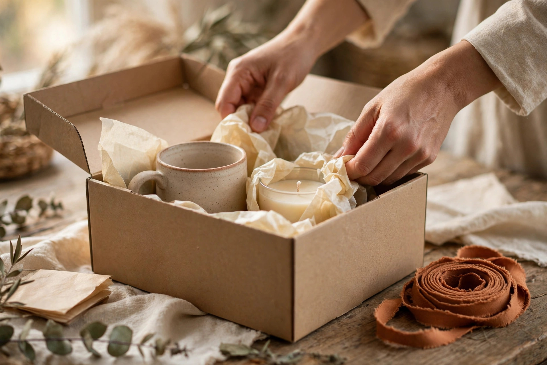 Hands packing a Terrell Trends order with tissue paper, a candle and a stoneware mug