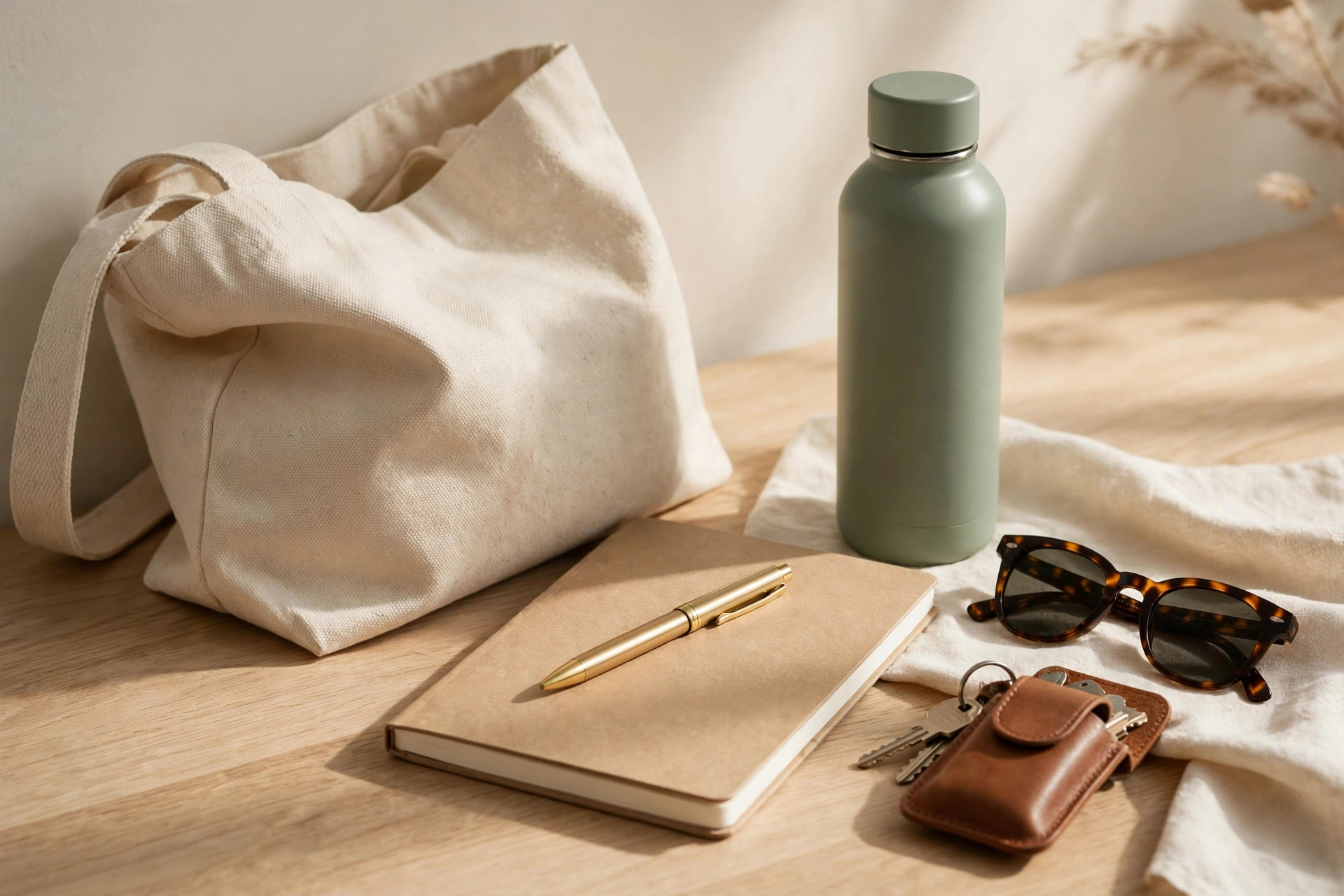 Everyday carry essentials on a light oak desk: bottle, notebook, tote and sunglasses