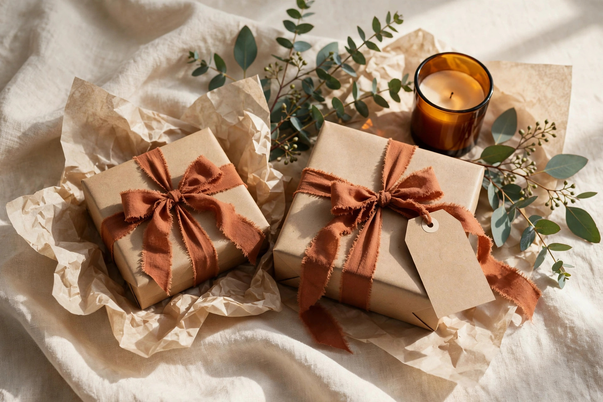 Kraft gift boxes with terracotta ribbon, a candle and eucalyptus on cream linen