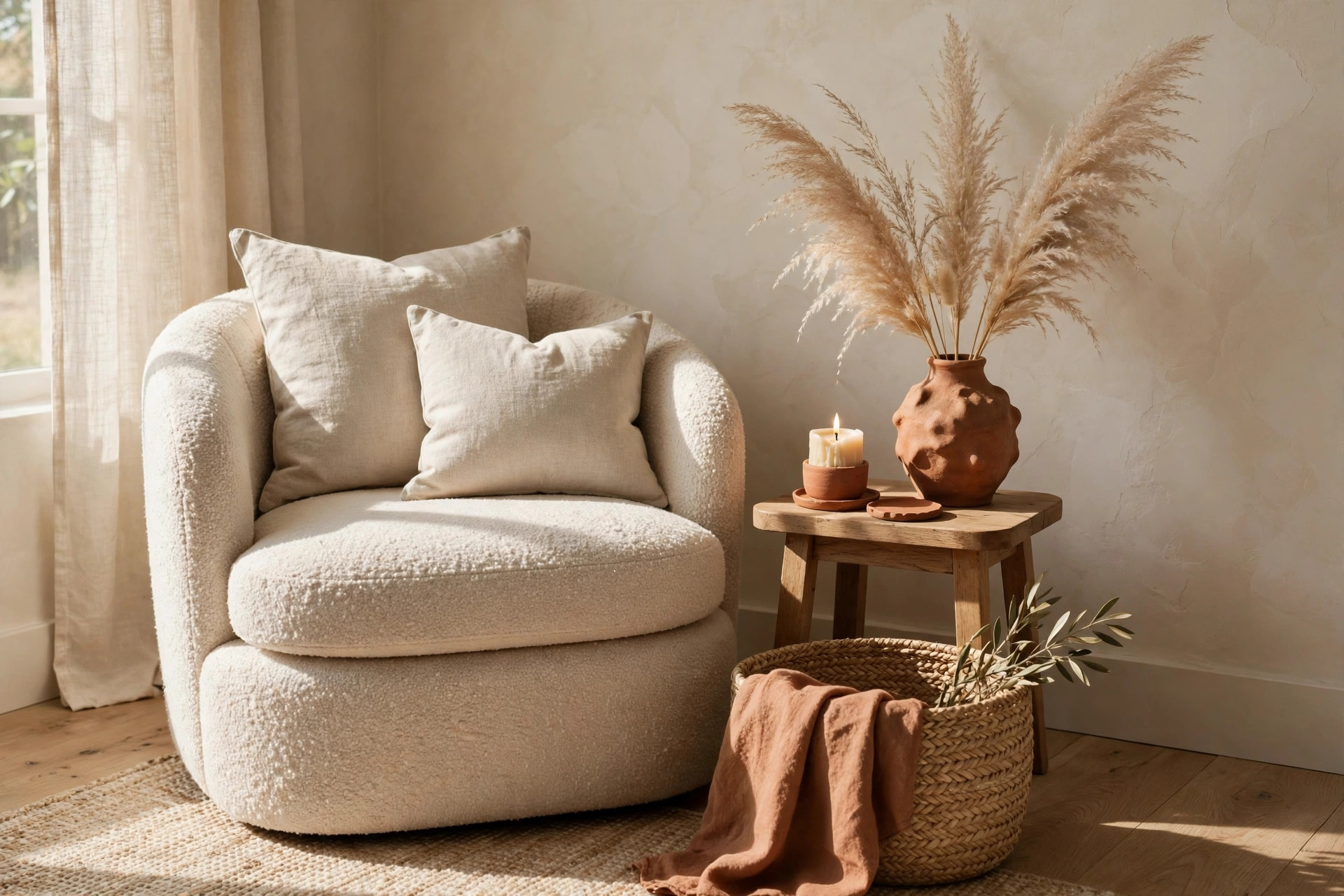 A cozy home corner with a ceramic vase, woven basket and linen cushions