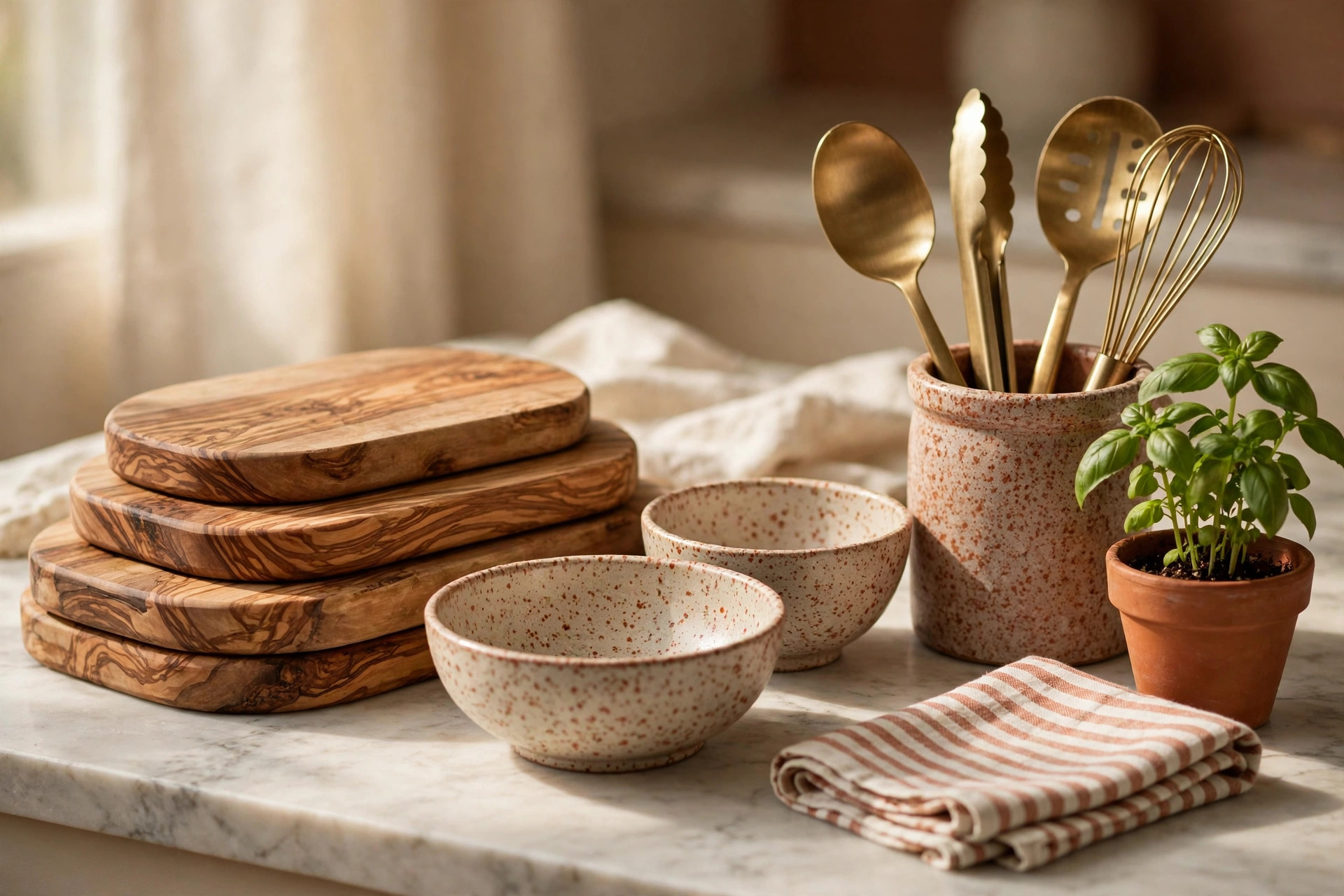 A kitchen counter with wooden cutting boards, stoneware and brass utensils