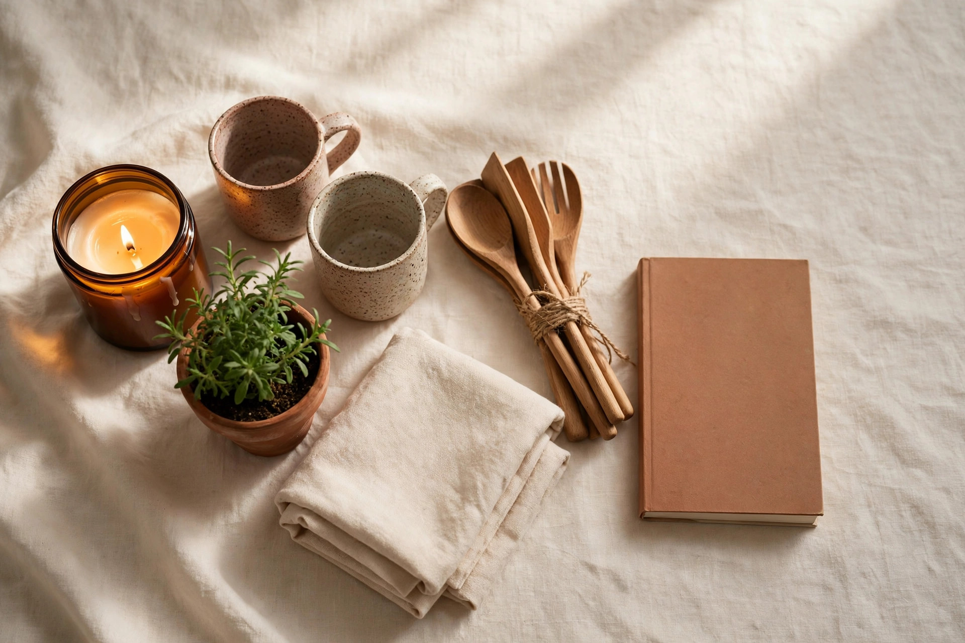 A curated flat-lay of Terrell Trends finds: a lit amber candle, speckled stoneware mugs, wooden utensils, a potted herb and a folded linen throw