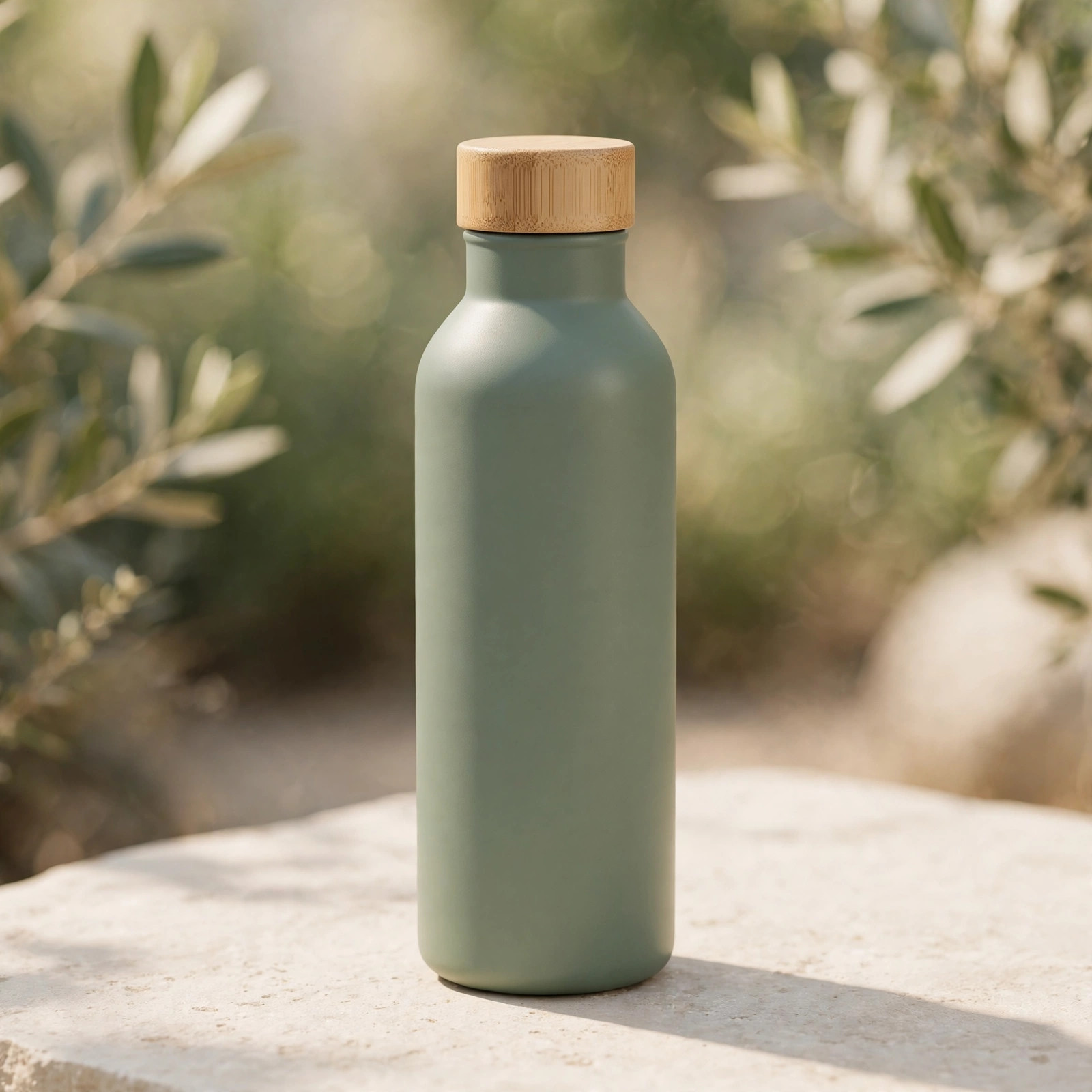 A matte sage insulated steel water bottle on a pale stone surface