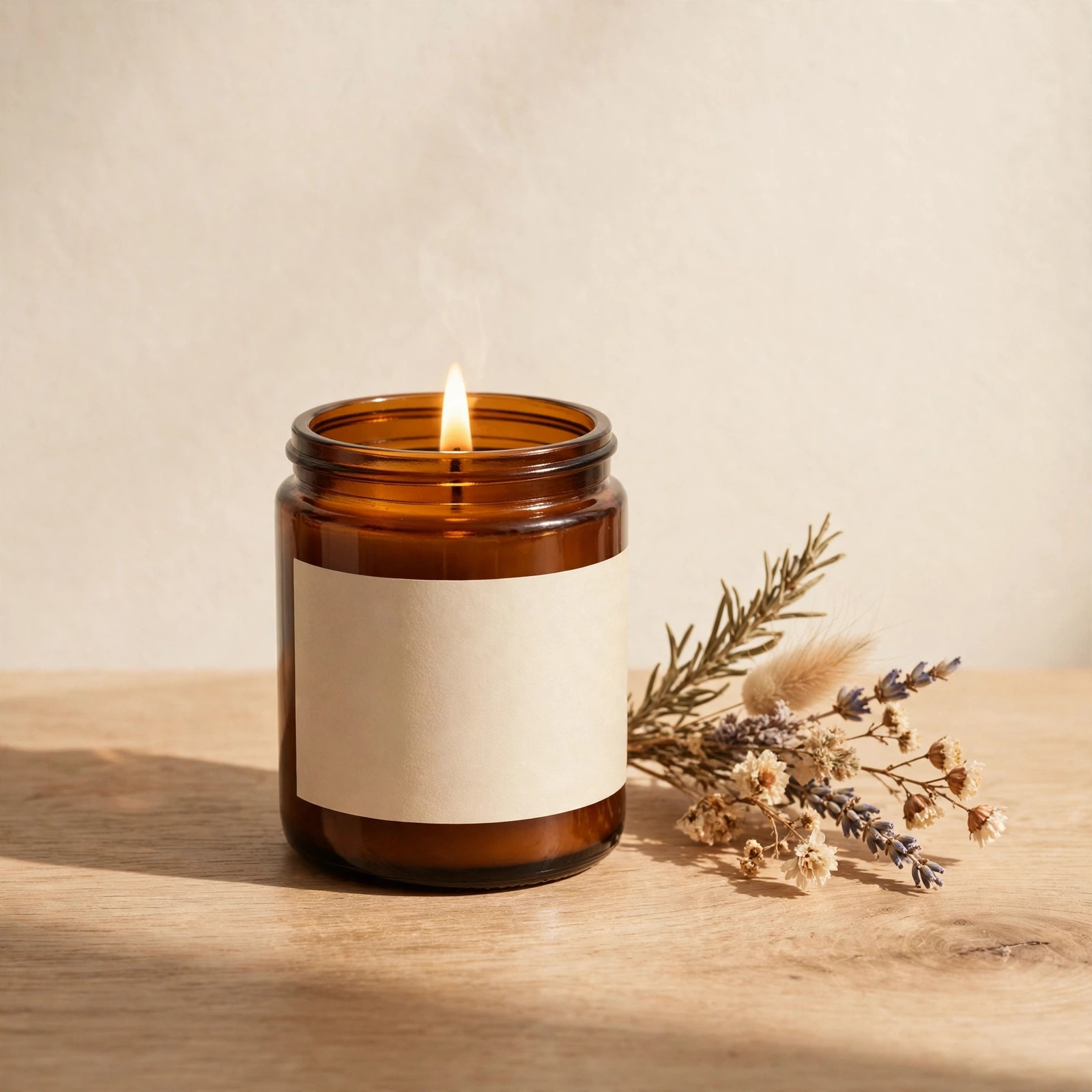 A lit soy candle in an amber glass jar beside dried flowers