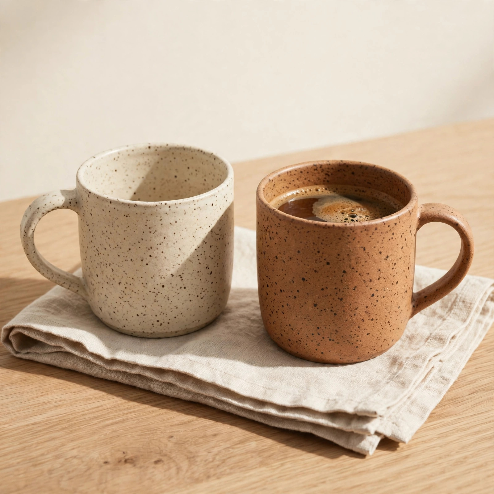 A pair of speckled stoneware mugs, one filled with coffee