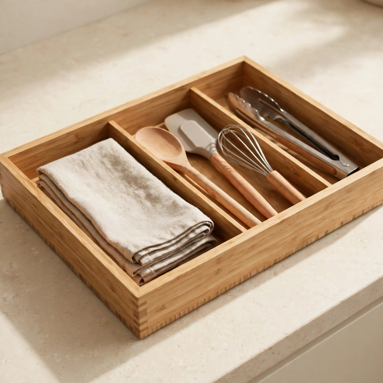 A bamboo drawer organizer holding kitchen utensils and folded linens