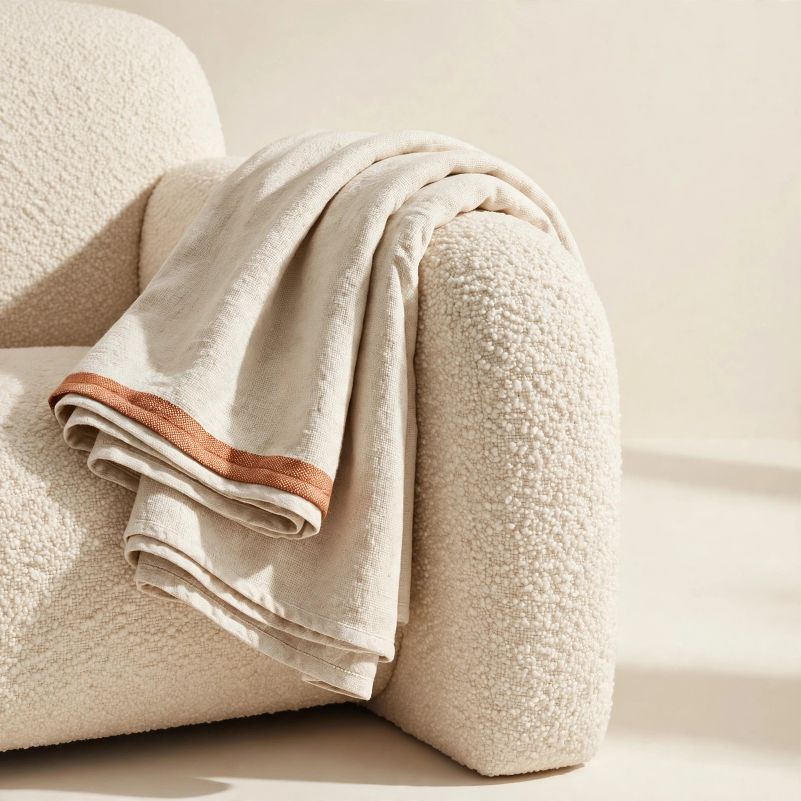 A folded natural cotton throw with a terracotta stripe draped over a chair
